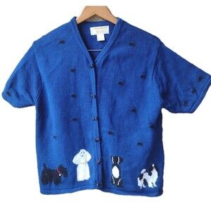 VTG 90s Tally‑Ho Dog Theme Ramie Cotton Sweater Bone Buttons Paw Prints Blue M